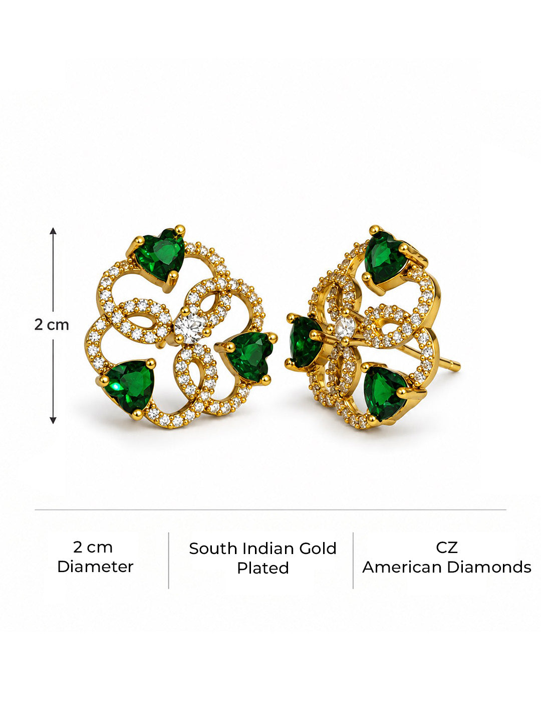 Green Three Heart Openwork Floral Stud Earrings - Gold Plated