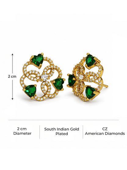 Green Three Heart Openwork Floral Stud Earrings - Gold Plated