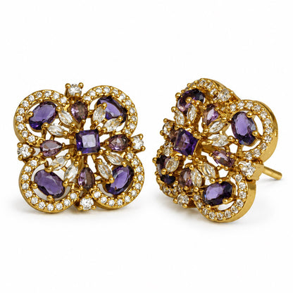 Purple Four Petal Oval Stone Stud Earrings - Gold Plated