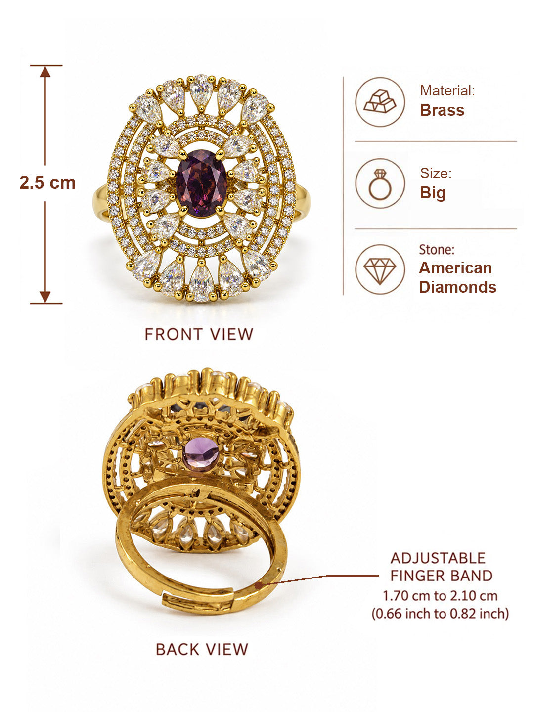 Purple Stone Oval Teardrop Halo Ring - Gold Plated, additional view 6