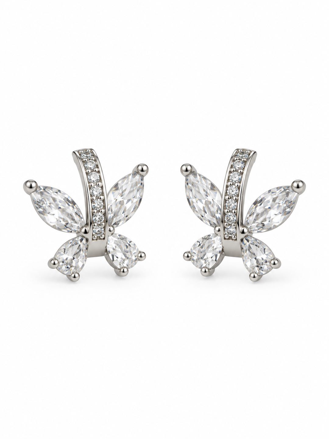 Clear Marquise Leaf Spray Stud Earrings, silver plated, additional product view