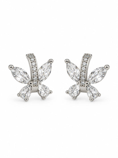 Clear Marquise Leaf Spray Stud Earrings, silver plated, additional product view