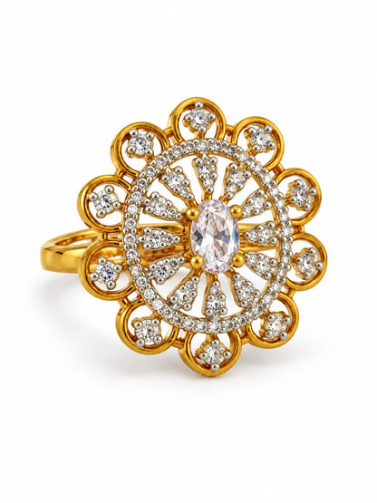 Clear Stone Scalloped Sunburst Ring - Gold Plated, additional view 1