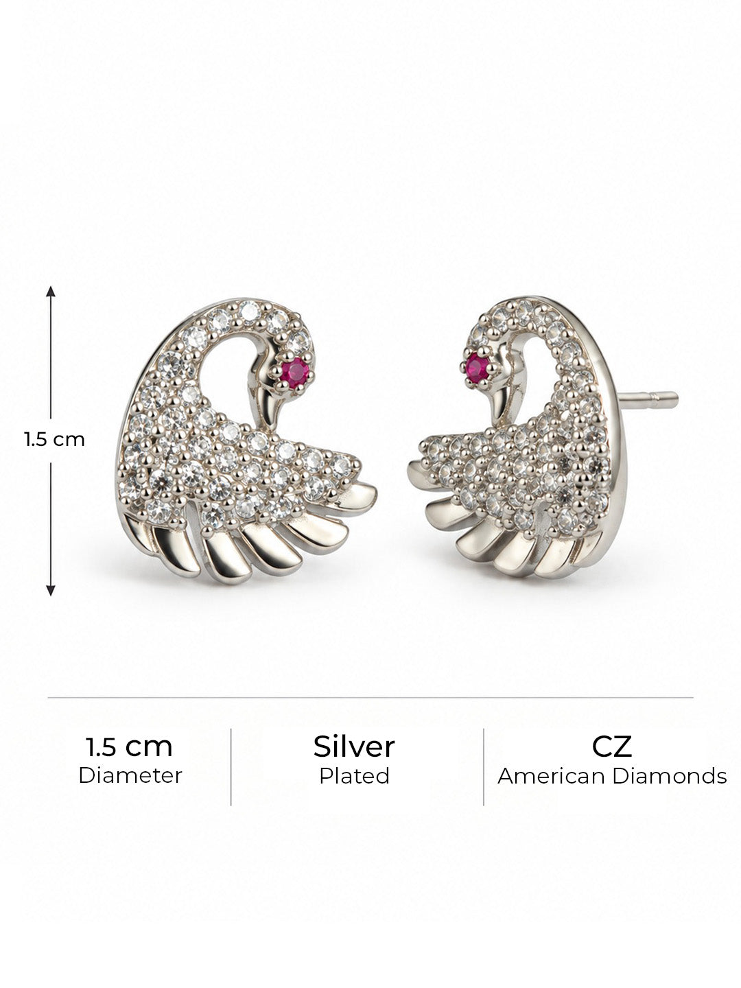 Clear Stone Swan Stud Earrings, silver plated, size and plating details