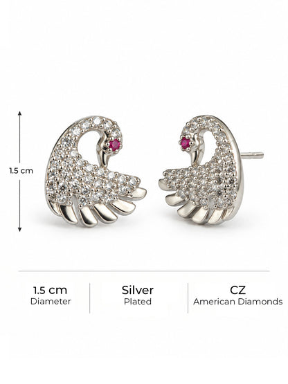 Clear Stone Swan Stud Earrings, silver plated, size and plating details