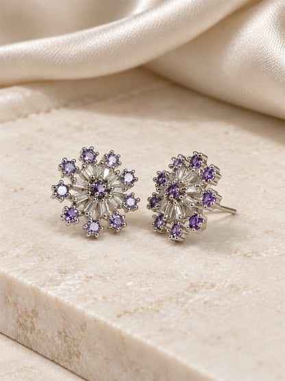 Purple Baguette Sunburst Stud Earrings, silver plated, lifestyle view