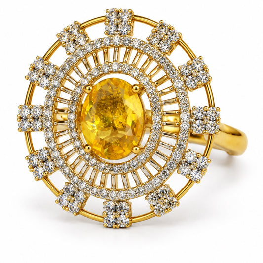 Yellow Center Stone Baguette Halo Ring - Gold Plated