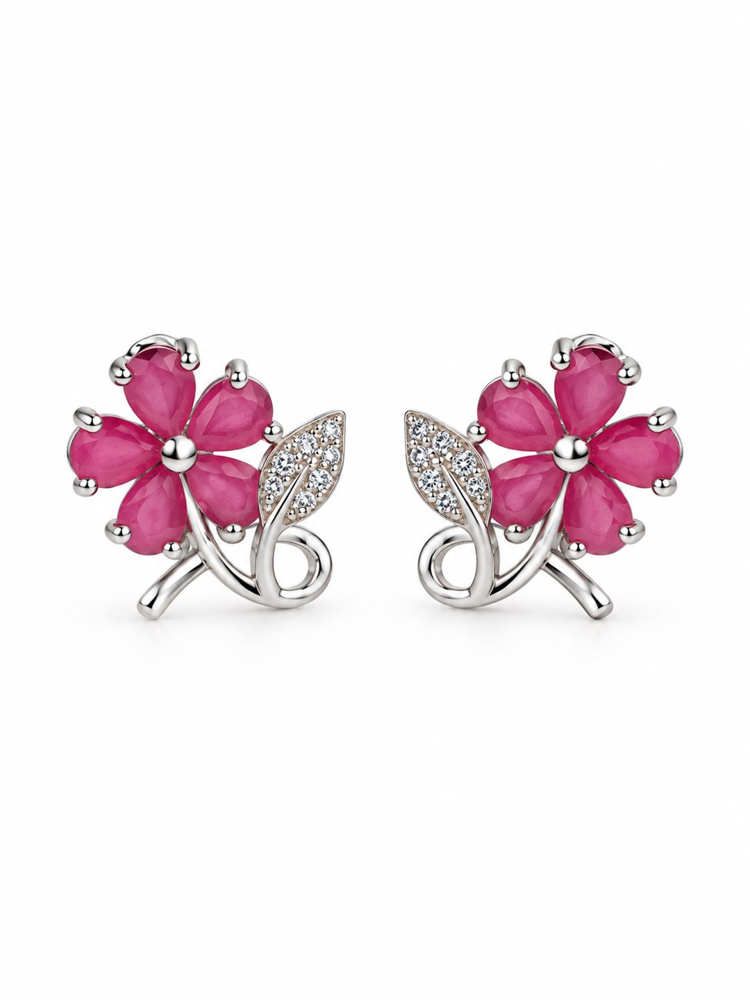 Pink Flower and Leaf Stud Earrings, silver plated, additional product view