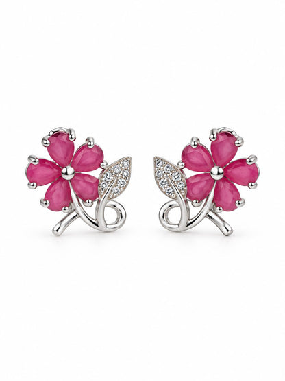 Pink Flower and Leaf Stud Earrings, silver plated, additional product view