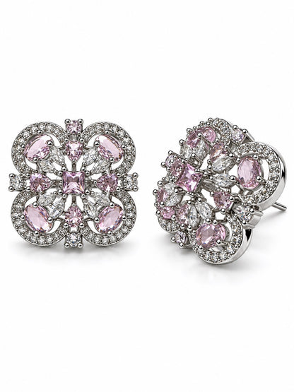 Pink Scrollwork Floral Stud Earrings in silver plating