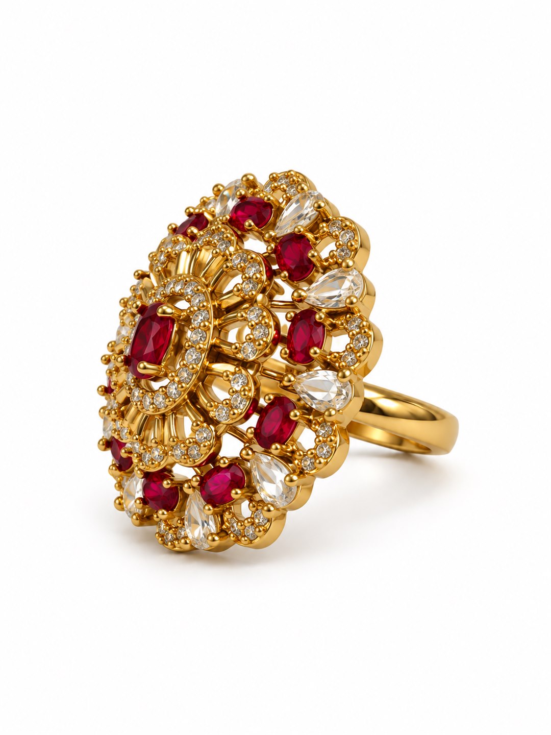 Red Stone Ornate Floral Cluster Ring - Gold Plated, additional view 1