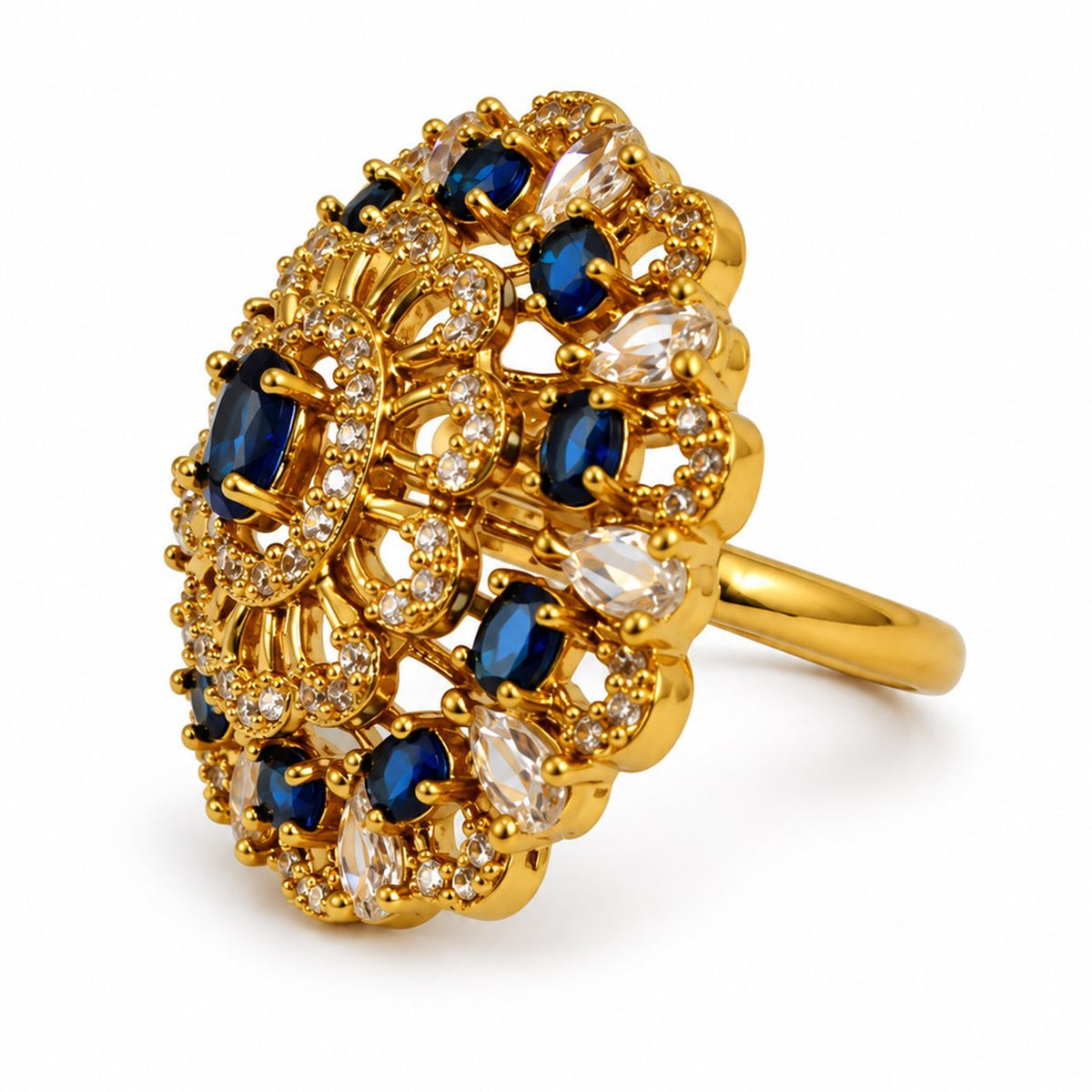 Blue Stone Ornate Floral Cluster Ring - Gold Plated, product view