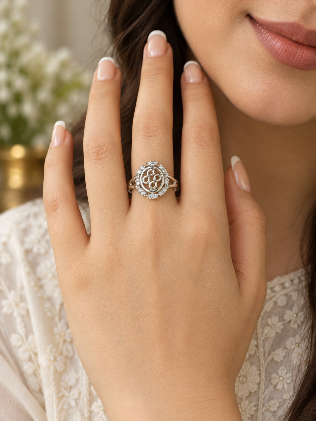 Clear Oval Halo Scroll Ring - Silver Plated worn on hand