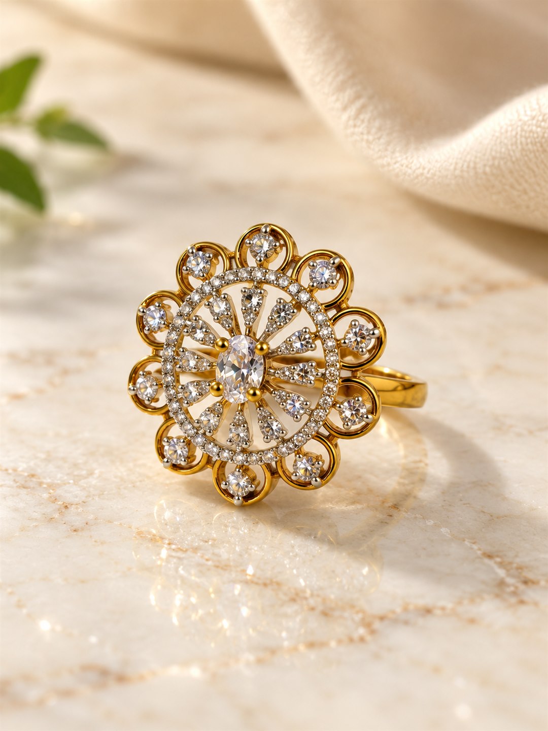 Clear Stone Scalloped Sunburst Ring - Gold Plated, additional view 3