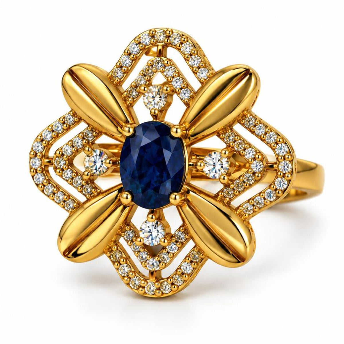 Blue Stone Four Petal Floral Ring - Gold Plated, product view