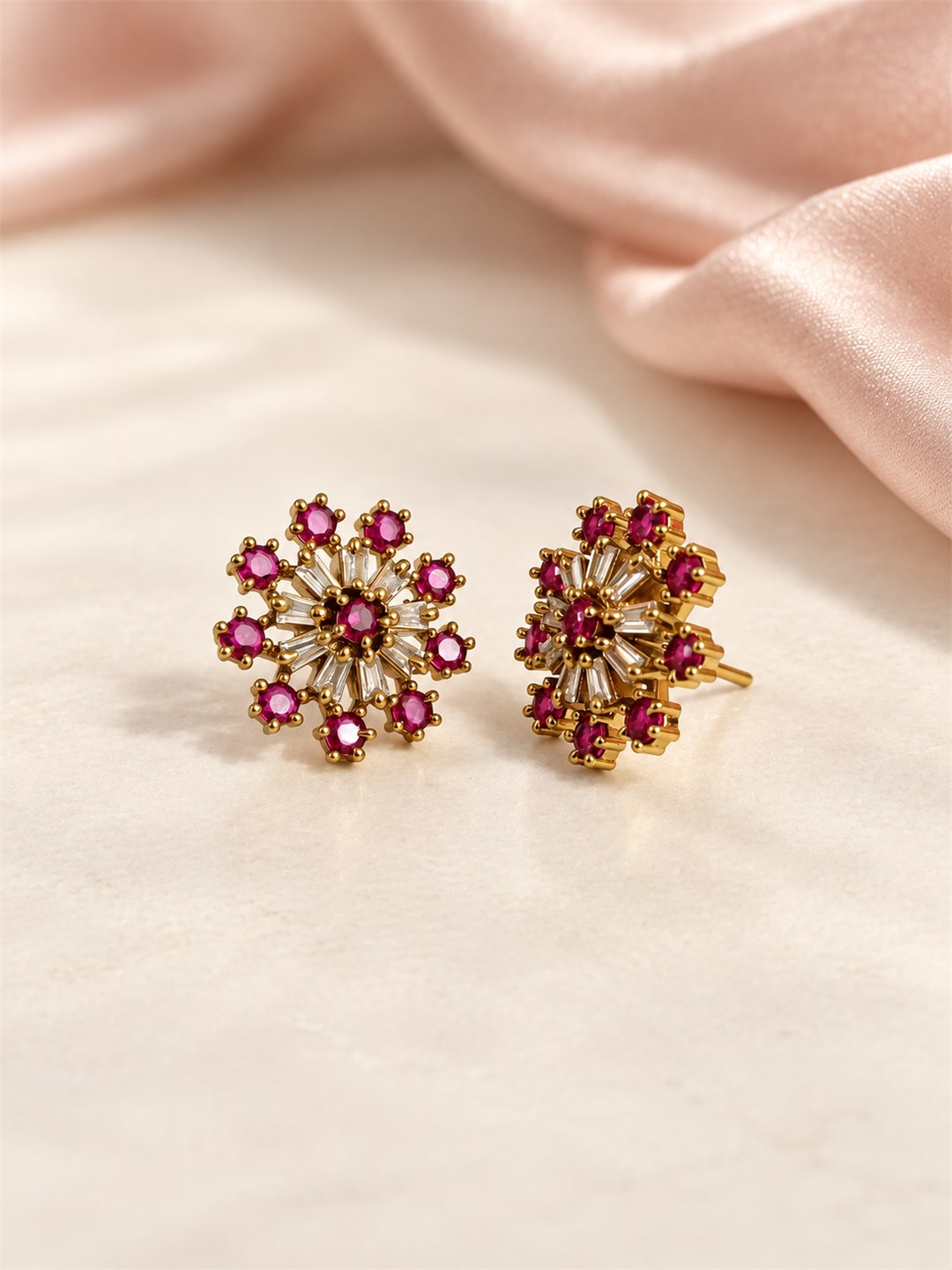 Pink Baguette Sunburst Stud Earrings, gold plated, lifestyle view