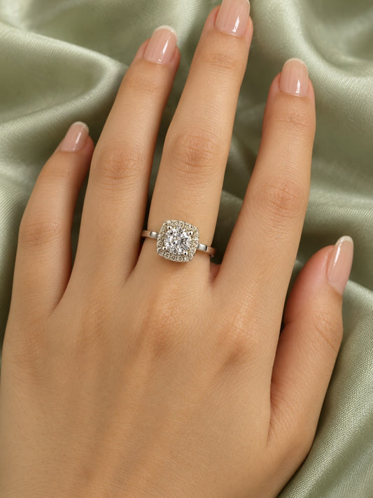 Clear Round Stone Cushion Halo Ring - Silver Plated, model close-up