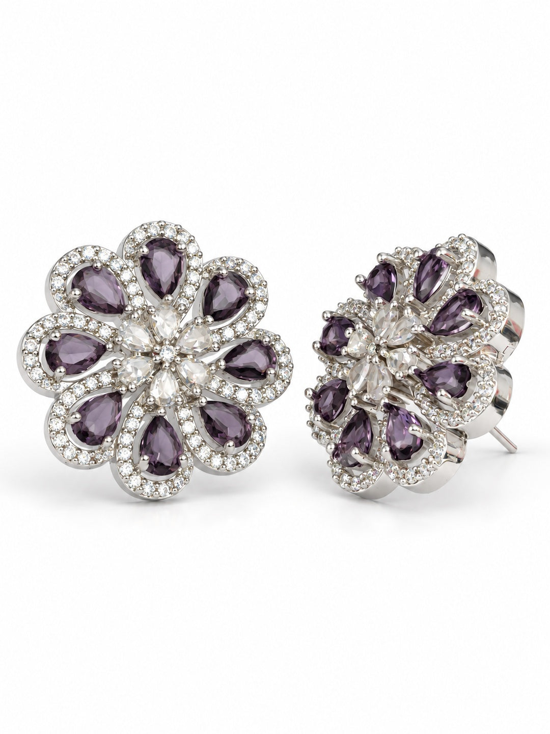 Purple Teardrop Floral Stud Earrings in silver plating