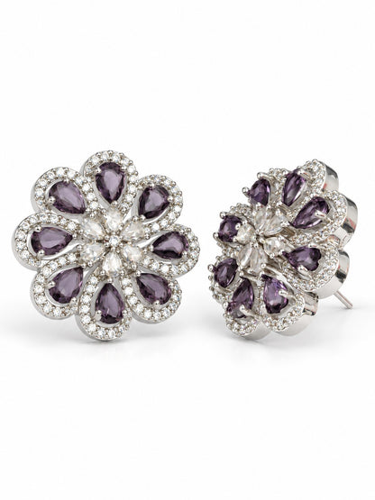 Purple Teardrop Floral Stud Earrings in silver plating