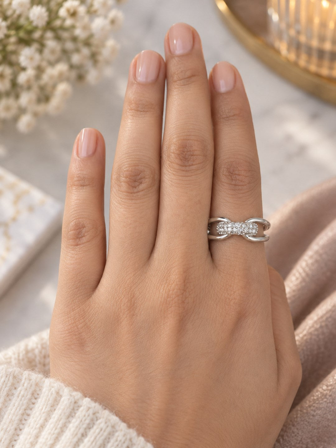 Clear Pave Knot Open Ring - Silver Plated worn on hand