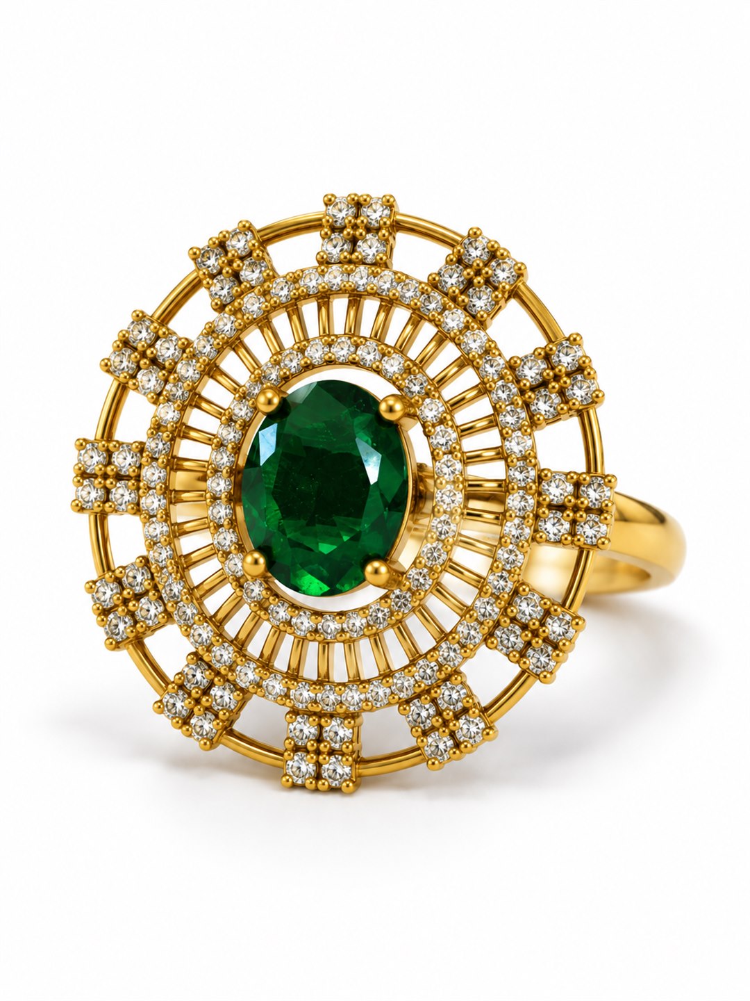 Green Stone Oval Baguette Halo Ring - Gold Plated, additional view 1