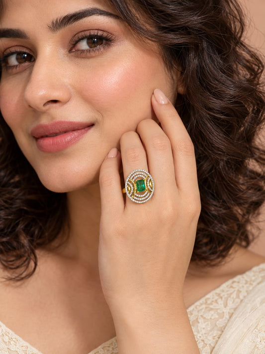 Sea Green Center Stone Oval Geometric Halo Ring - Gold Plated - model close-up