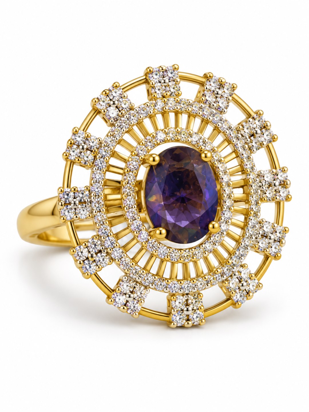Purple Center Stone Baguette Halo Ring - Gold Plated