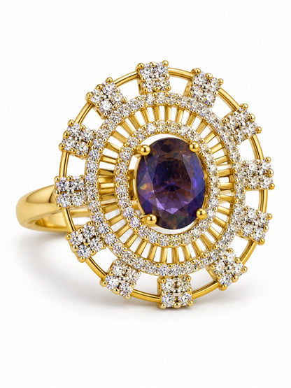 Purple Center Stone Baguette Halo Ring - Gold Plated