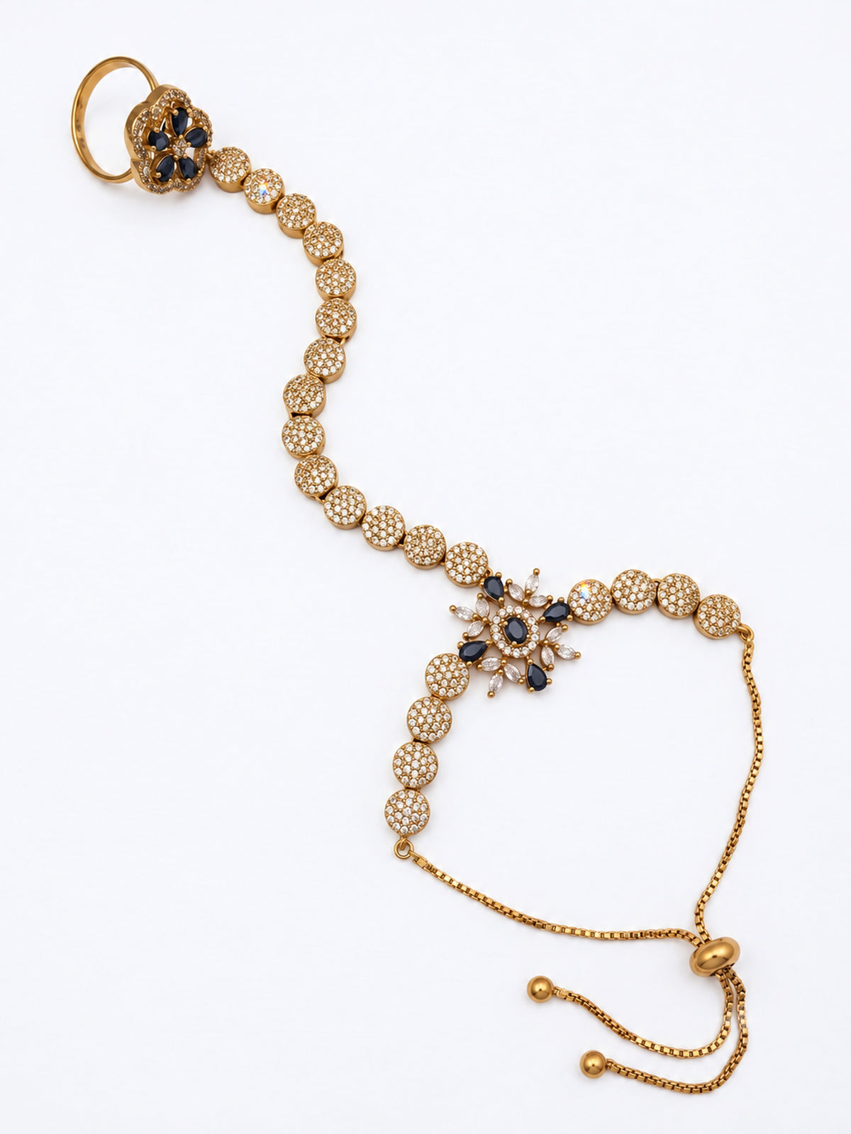 Blue Floral Round-Stone Chain Hathphool - Mehndi Plated