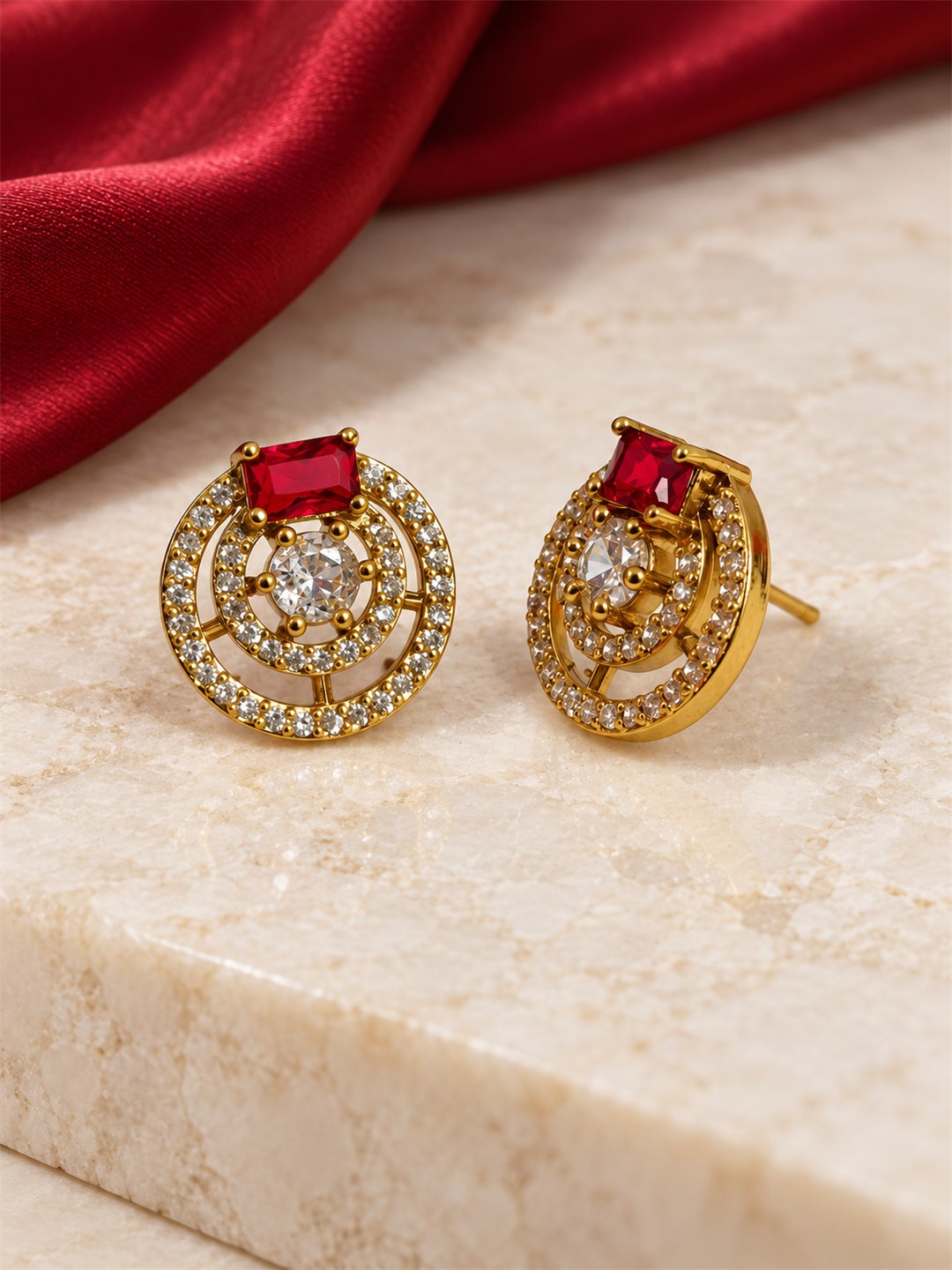 Red Stone Double Halo Stud Earrings, gold plated, lifestyle view