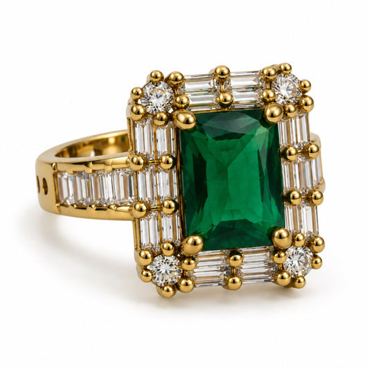Green Center Stone Baguette Halo Ring - Gold Plated product image