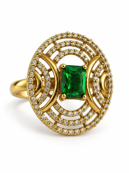 Green Stone Rectangular Stone Oval Halo Ring - Gold Plated, additional view 1