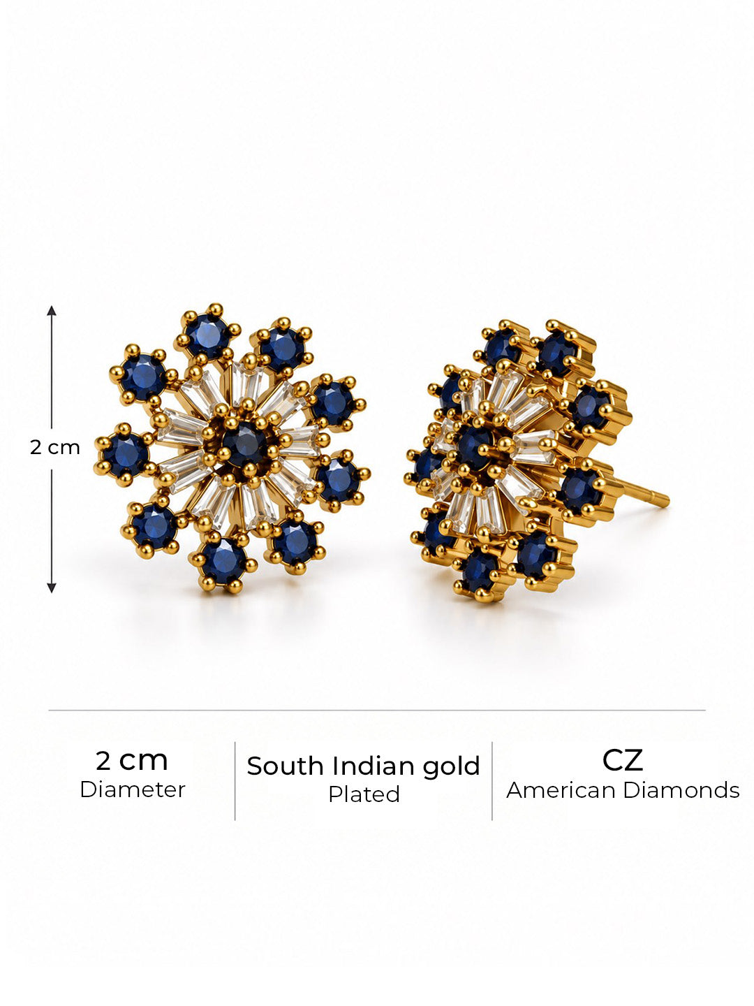 Blue Baguette Sunburst Stud Earrings, gold plated, size and plating details