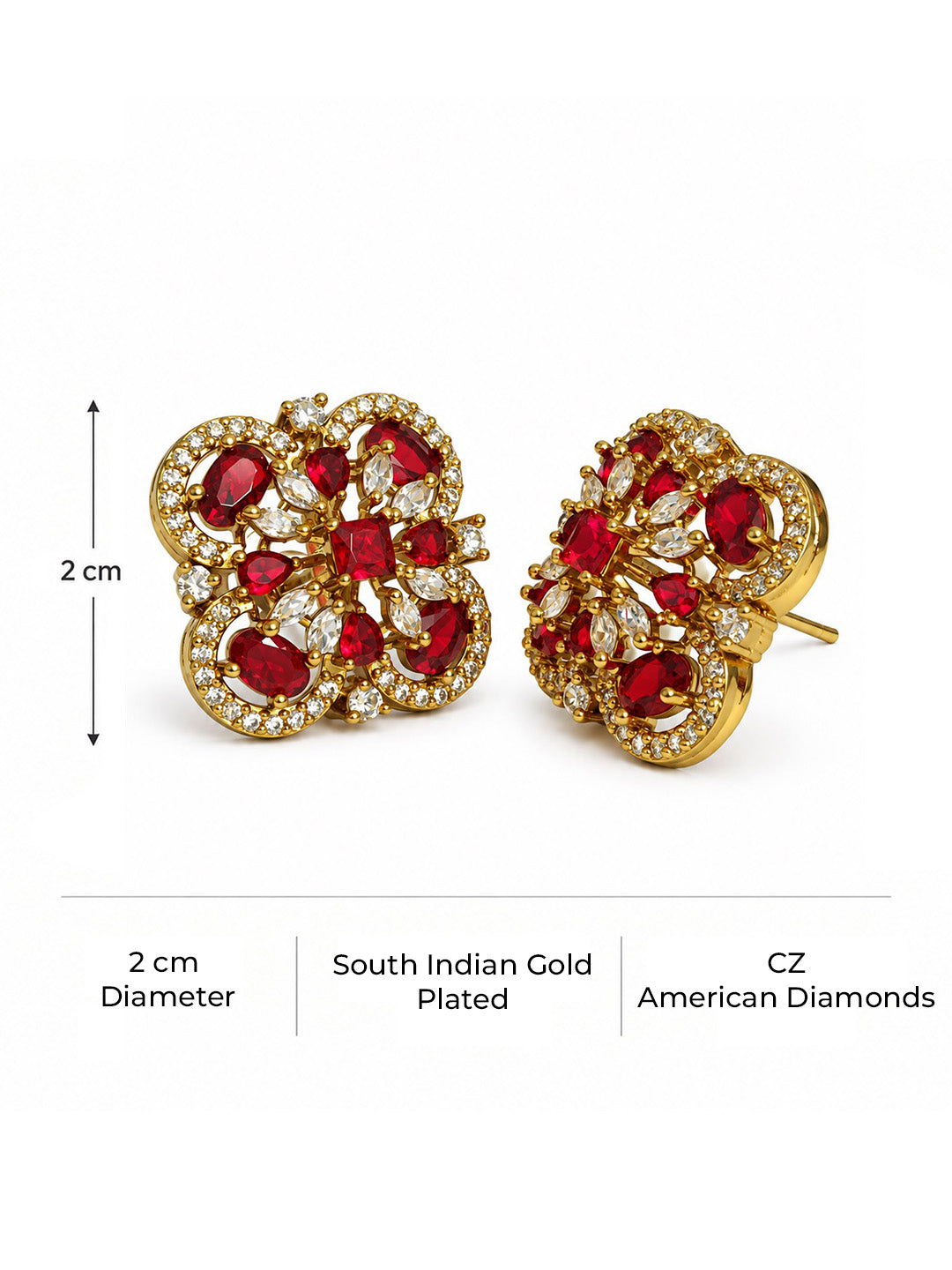 Red Four Petal Oval Stone Stud Earrings - Gold Plated