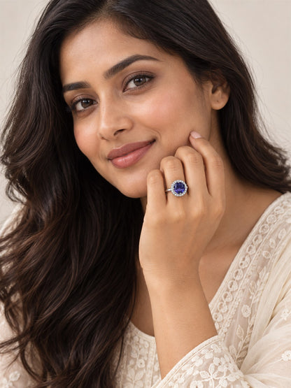 Purple Round Solitaire Halo Ring - Silver Plated