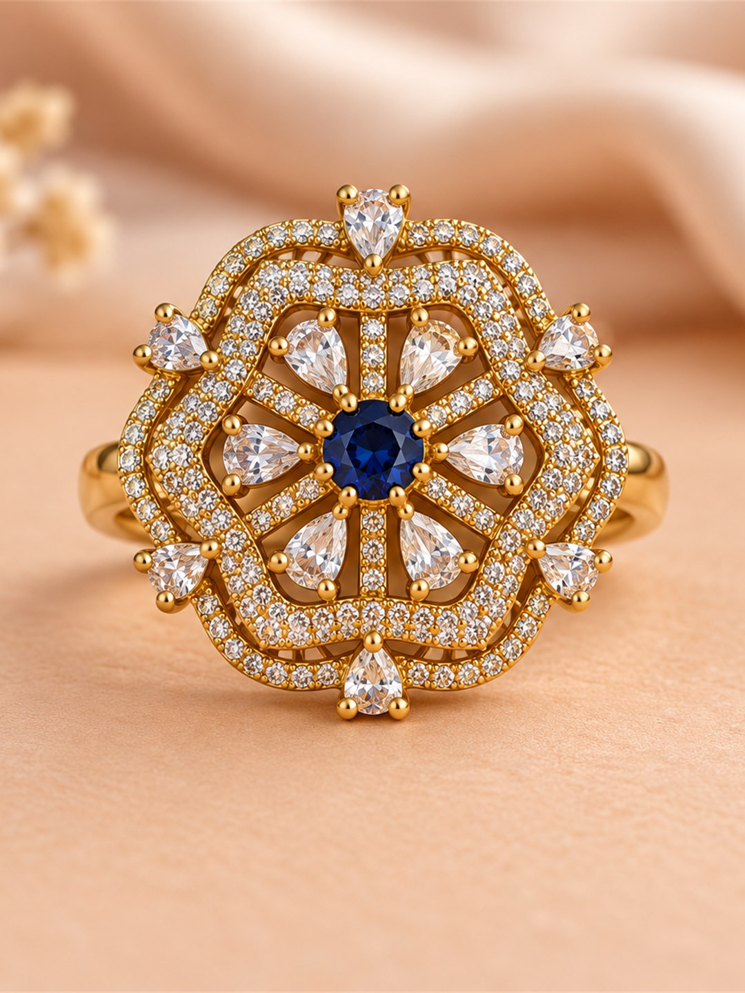 Blue Stone Scalloped Floral Halo Ring - Gold Plated, additional view 4