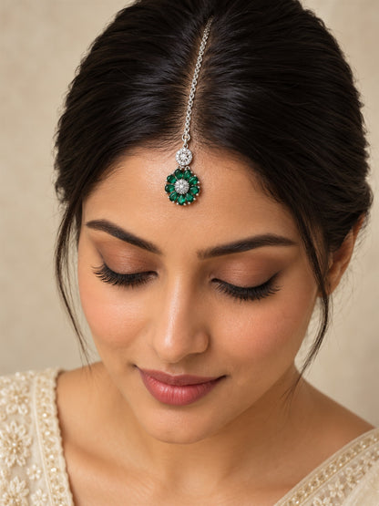 Green Teardrop Floral Maang Tikka - Silver Plated, model close-up