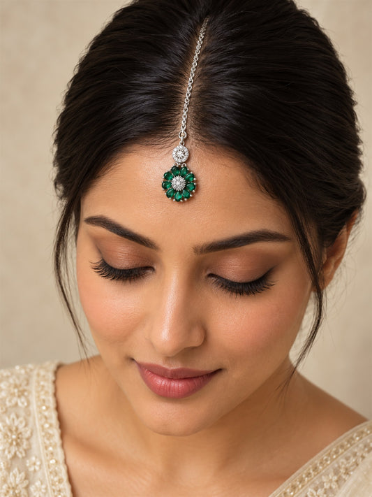 Green Teardrop Floral Maang Tikka - Silver Plated, model close-up