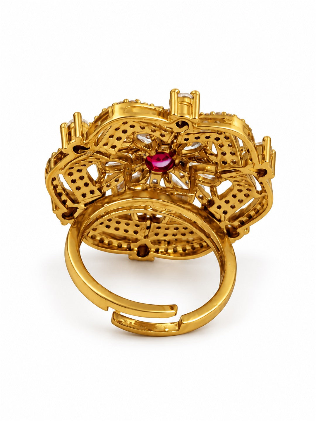 Red Stone Scalloped Floral Halo Ring - Gold Plated, additional view 5