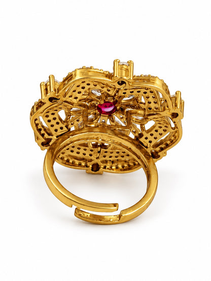 Red Stone Scalloped Floral Halo Ring - Gold Plated, additional view 5
