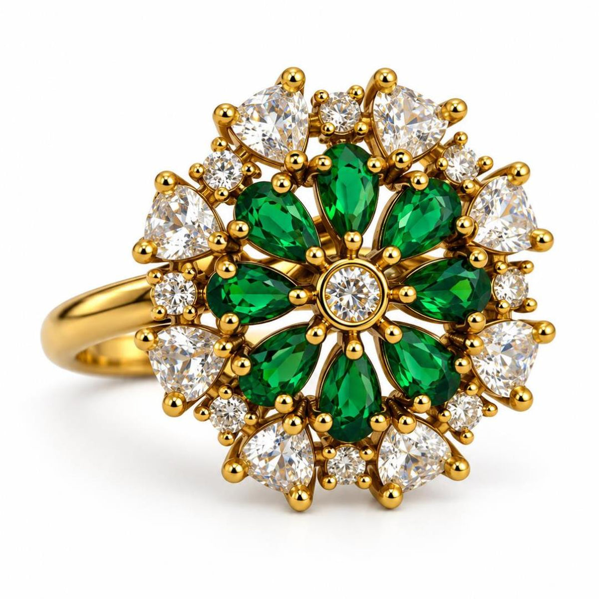 Green Stone Teardrop Floral Cluster Ring - Gold Plated, product view