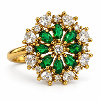 Green Stone Teardrop Floral Cluster Ring - Gold Plated, product view