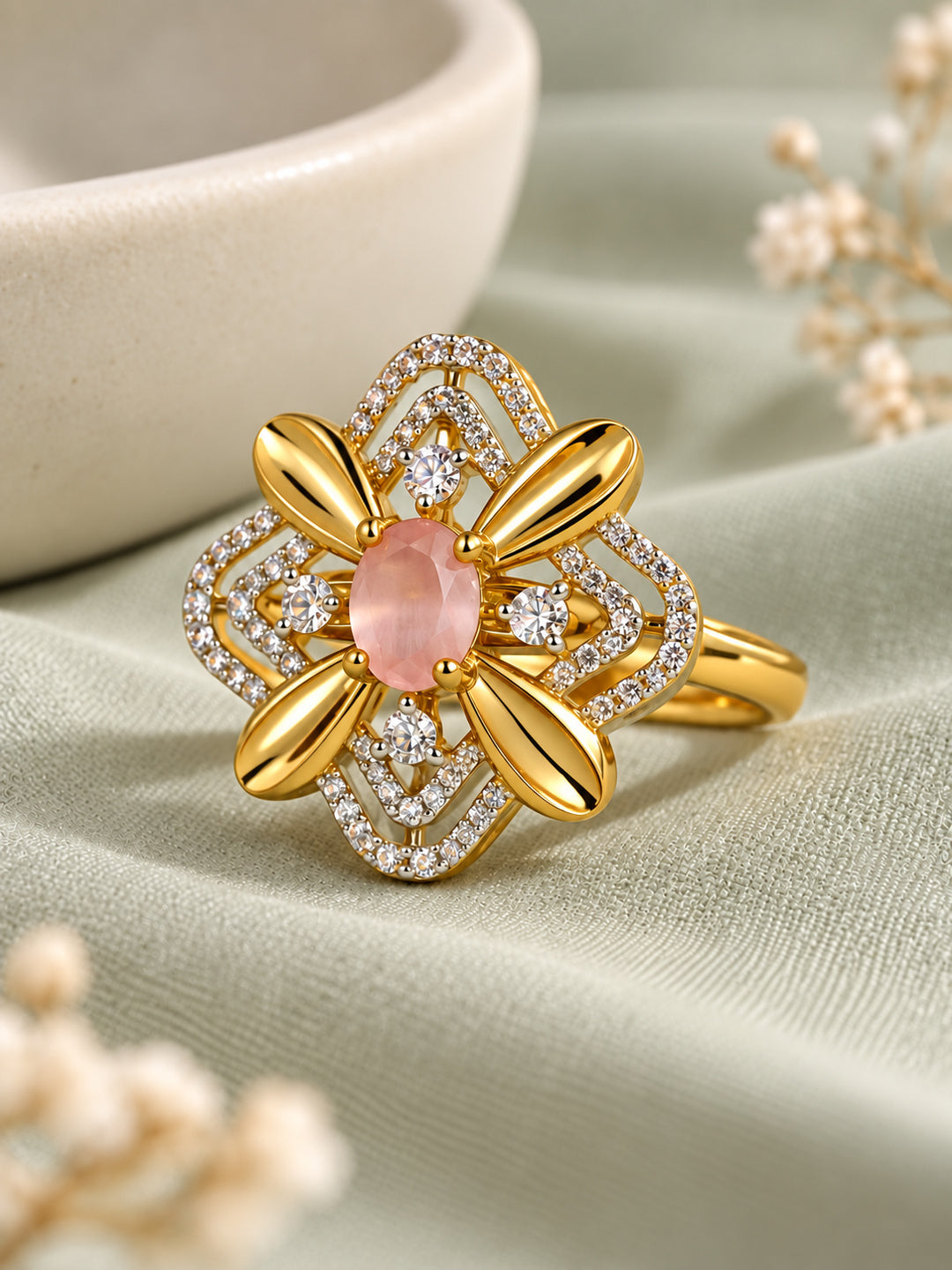 Pink Center Stone Four-Petal Floral Ring - Gold Plated