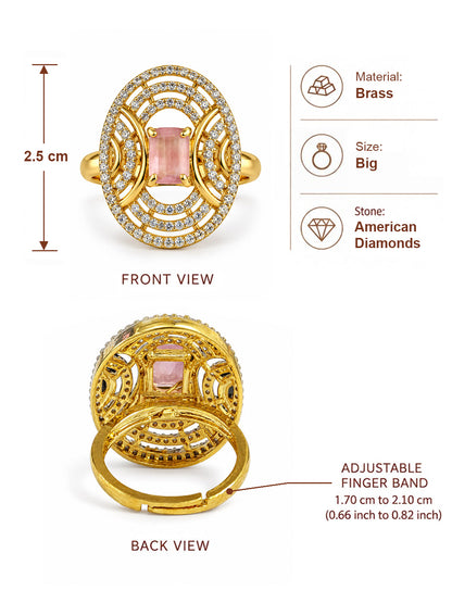 Pink Center Stone Oval Geometric Halo Ring - Gold Plated