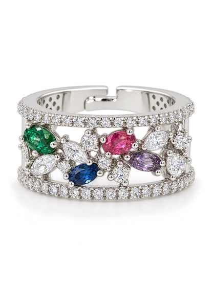Multicolor Floral Band Ring - Silver Plated