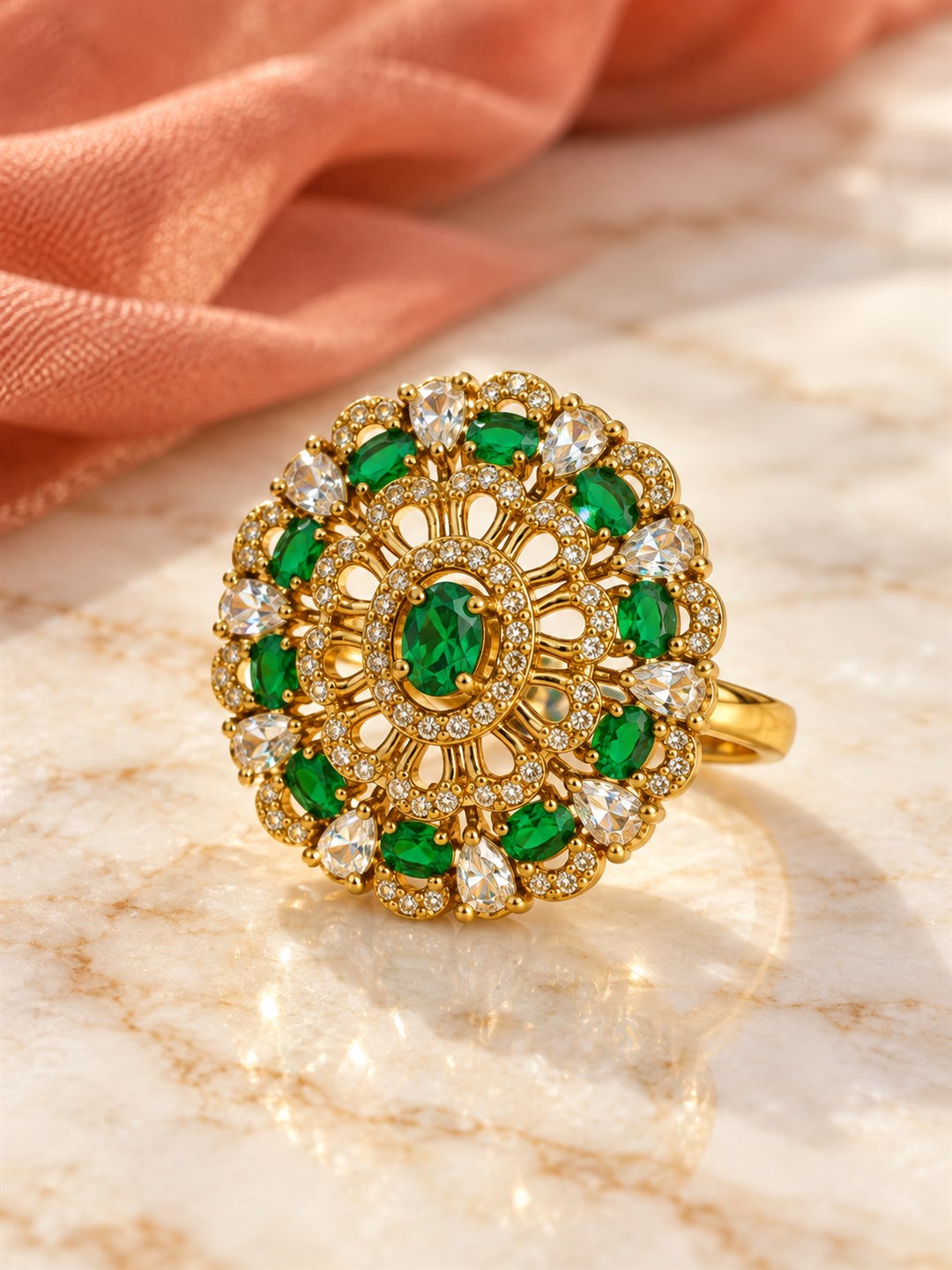 Green Stone Ornate Floral Cluster Ring - Gold Plated, additional view 3