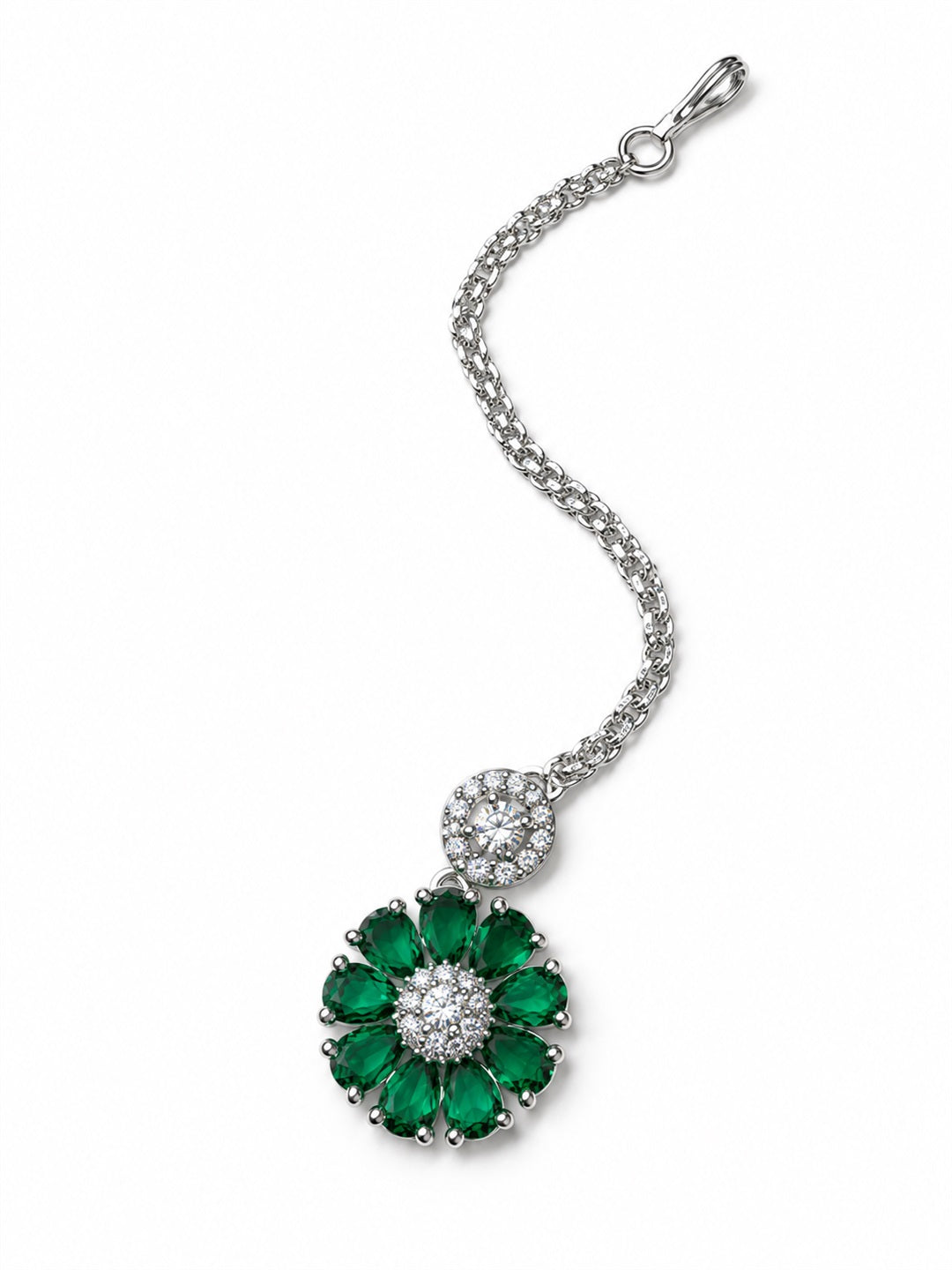 Green Teardrop Floral Maang Tikka - Silver Plated, additional view 1