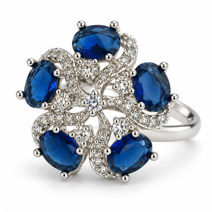Blue Oval Stone Floral Ring - Silver Plated - product view