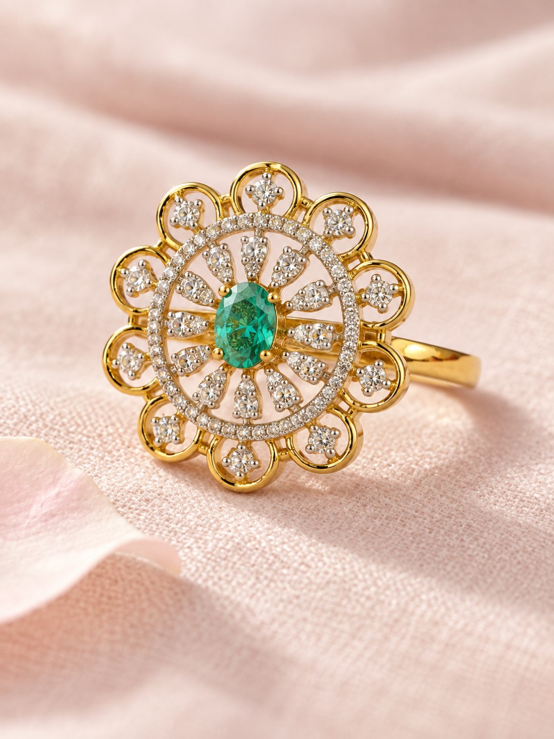 Green Center Stone Scalloped Floral Halo Ring - Gold Plated
