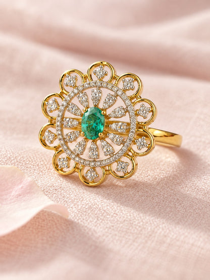 Green Center Stone Scalloped Floral Halo Ring - Gold Plated